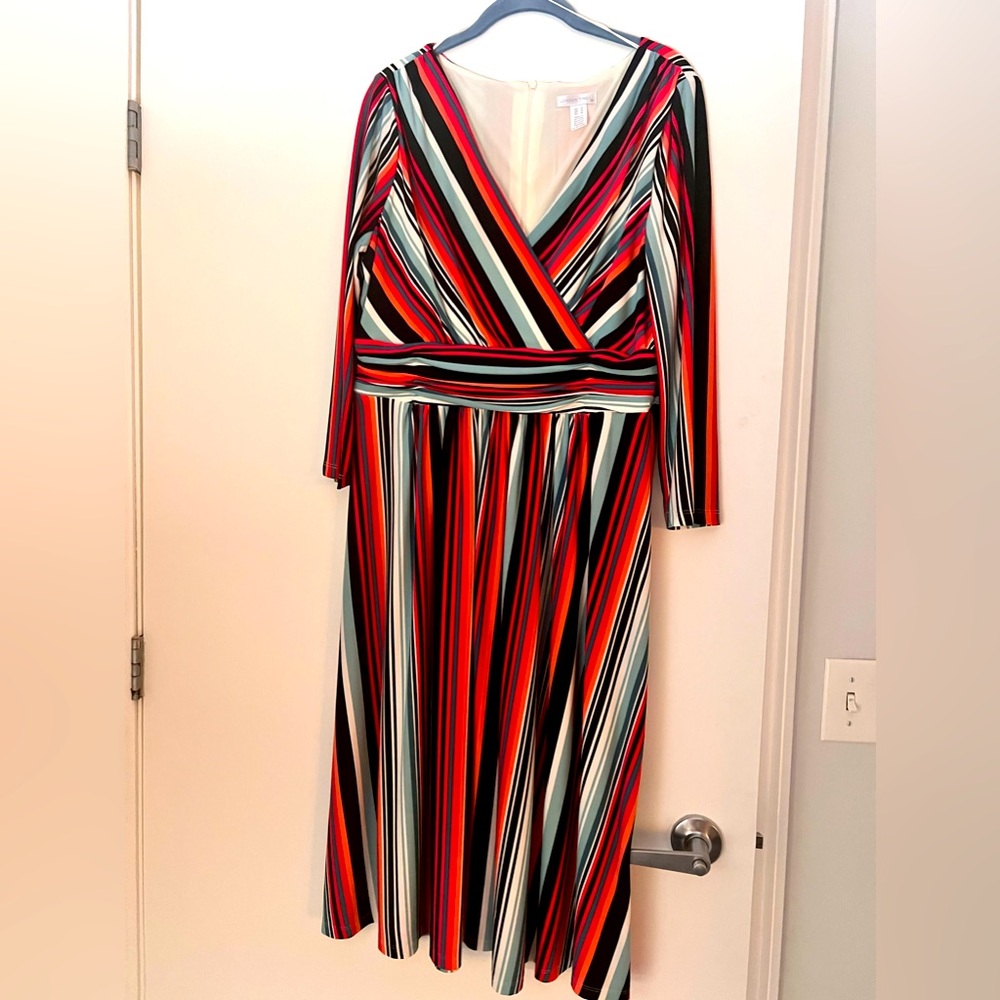Striped multi color dress with flattering waistband, gently worn